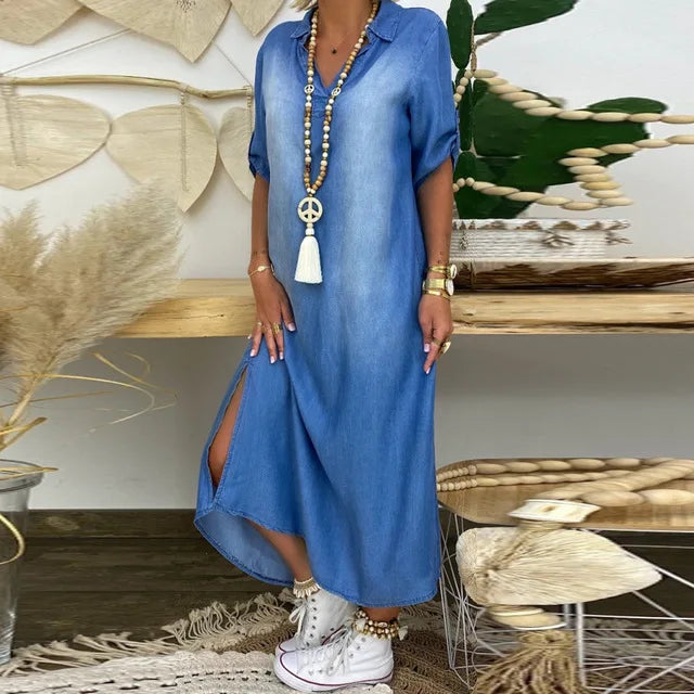 Lea - Long dress in denim look with side slit