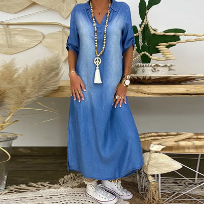 Lea - Long dress in denim look with side slit