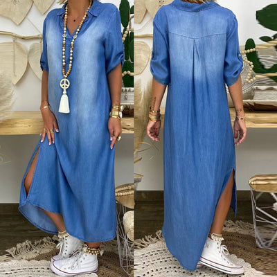 Lea - Long dress in denim look with side slit
