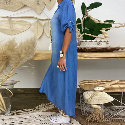 Lea - Long dress in denim look with side slit