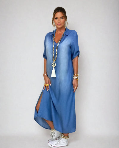 Lea - Long dress in denim look with side slit