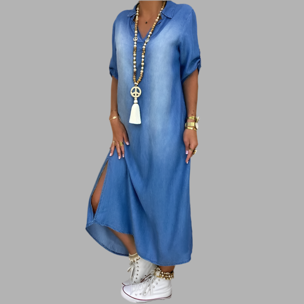 Lea - Long dress in denim look with side slit